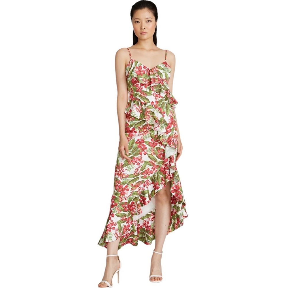 AMUR Womens Dress Deborah Tropical Floral Print Midi Ruffle High Low Size 10